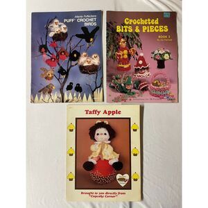 Lot/3 VTG Crochet Pattern Booklets Puff Crochet Birds Taffy Apple Bits & Pieces